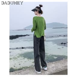 Thumbnail Quần jeans dài daduhey vải denim ống rộng lưng cao có thể điều chỉnh được thời trang dành cho nữ (có thắt lưng) 4