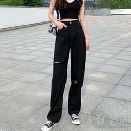 Thumbnail Hot HÀNG Quần Dài Cổ Rách Cao Cấp Denim Plus Size Quần Sàn Thẳng Rời Đơn Giản Lỗ Quần 4