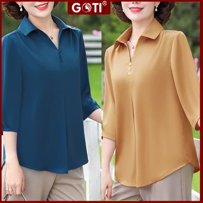 Ảnh GOTI - Áo Sơ Mi Trung Niên Nữ Cao Cấp Cổ Bẻ Tay Lỡ Nhiều Màu Trơn Có Size Tới 80 Kg 3A01 3