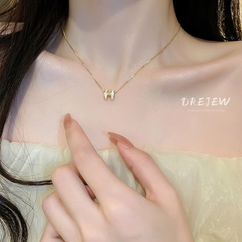 Ảnh DREJEW Vòng Cổ Mạ Dính Zircon H Nhân Tạo Hình Chữ CáI Phong Cách Hàn Quốc Dây Chuyền Vàng 4