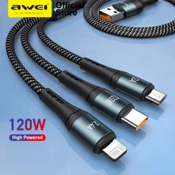 Thumbnail Cáp sạc nhanh Awei CL-972 3 trong 1USB sang M + C + L Type C Sạc siêu nhanh 120W 1.2M Nylon Bradied 1
