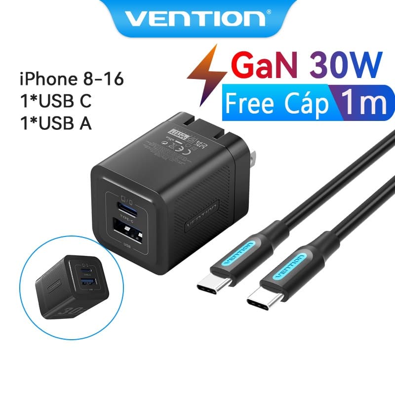 Ảnh Bộ sạc GaN Vention 20W 30W Bộ sạc USB C PD + USB 2 cổng Bộ sạc chuyển đổi với QC4.0 PD USB typec Sạc nhanh Bộ sạc phích cắm US cho IP 16 Samsung Android 1
