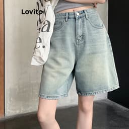 Thumbnail Quần short nữ jean cạp cao denim Lovito có túi màu trơn thường ngày cho nữ LNA19020 (Nhiều màu) 3