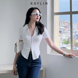 Thumbnail Áo thun KAYLIN Freesize form ôm cổ sơ mi phối dây kéo hai đầu chất vải thun cỏ giản phong cách trẻ trung - N1770 3
