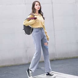 Thumbnail Quần jean nữ lưng cao ống rộng dáng suông dạng rách gối cá tính 3