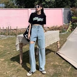 Thumbnail Quần jeans lưng cao thiết kế xẻ rách thời trang cá tính 2