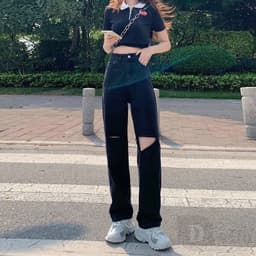 Thumbnail Daduhey Quần jeans lưng cao ống rộng cá tính cho nữ 2