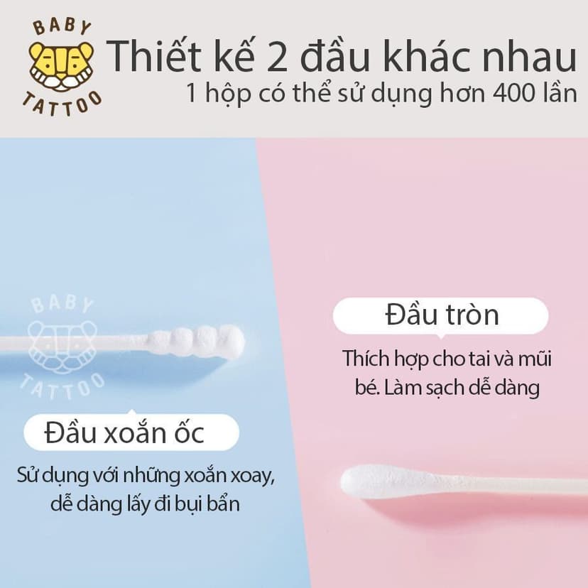 Ảnh Bông Tăm Cao Cấp, Đầu Bông Mini Thương Hiệu BABY TATTOO, Bông Ngoáy Tay Tiện Lợi, An Toàn Cho Bé, 1 Hộp 200 Cái 4