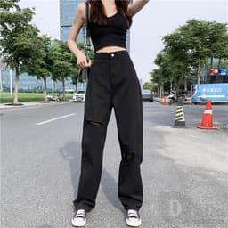 Thumbnail Hot HÀNG Quần Dài Cổ Rách Cao Cấp Denim Plus Size Quần Sàn Thẳng Rời Đơn Giản Lỗ Quần 2