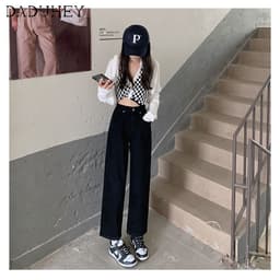 Thumbnail Quần jean màu đen lưng cao ống rộng thời trang dành cho nữ 2