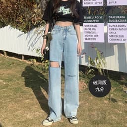 Thumbnail Quần jeans lưng cao thiết kế xẻ rách thời trang cá tính 4