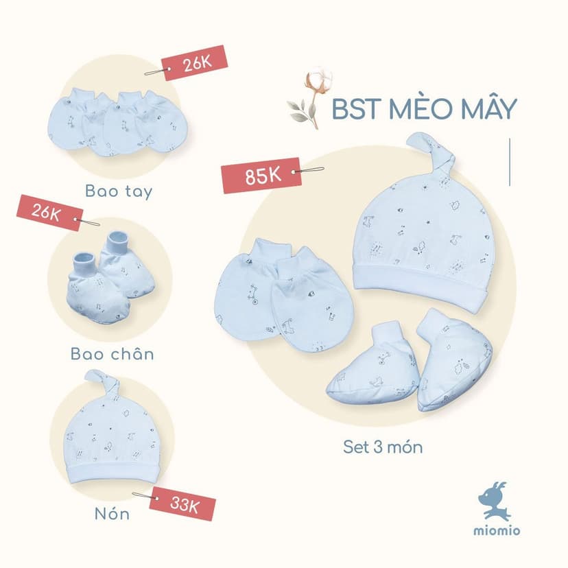 Ảnh Bao Tay Sơ Sinh Bo, Bao Chân Bo, Nón Sơ Sinh MIOMIO Cho Bé Trai, Bé Gái, Vải Cotton 3