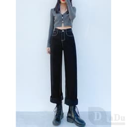 Thumbnail Dadu XS ~ 5XL Ống Rộng Thẳng Quần Jean Đen Thời Trang Palazzo Sàn Quần Denim Nhật Bản Quần Eo Cao Plus Size Quần 3
