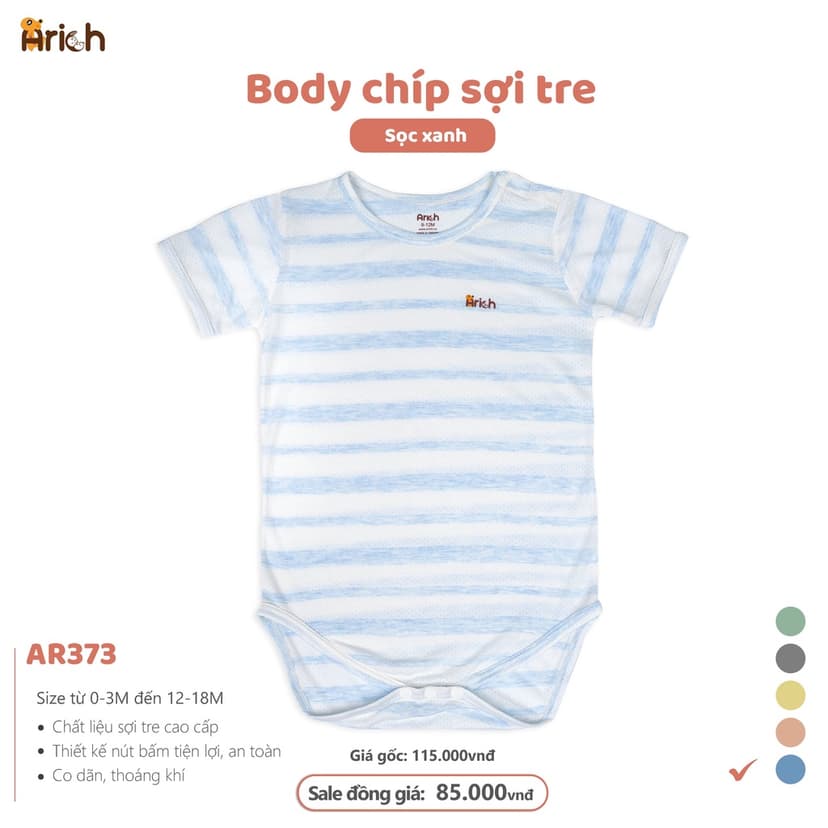 Ảnh Body chip cộc tay phối sọc Arich,vải sợi tre thông hơi, mát, mịn cho bé trai, gái sơ sinh -18 tháng 4