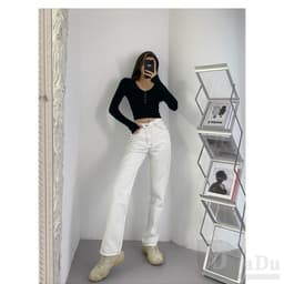 Thumbnail Dadu Trắng Thẳng Quần Ống Rộng Hàn Quốc Plus Size Quần Denim Sàn Nhật Bản Quần Palazzo Quần Thường Ngày Quần Cao Cấp Quần Jean 3