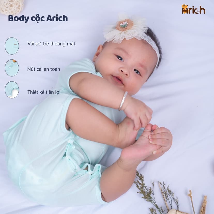 Ảnh Body cộc tay Arich vải sợi tre petit cao cấp, co giãn, mềm mịn cho bé trai bé gái size 0-18tháng 2