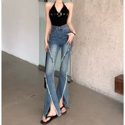 Thumbnail Daduhey Quần jean dây rút cạp cao ống loe xẻ tà phiên bản thời trang Hàn Quốc mới cho nữ 2
