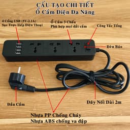 Thumbnail [Màu ĐEN] Bộ Ổ Cắm Điện Đa Năng 3 Ổ Cắm Công Suất 2500W Và 4 Cổng USB Sạc Trực Tiếp 11W Dây 2 Mét Chính Hãng Amalife 2