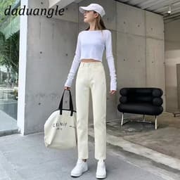 Thumbnail Quần jeans DaDuHey màu vàng mơ eo cao size lớn ống rộng thời trang nữ 3