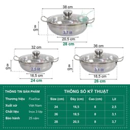Thumbnail Nồi lẩu um xào inox 430 bếp từ 3 đáy Fivestar nắp kính ( 24cm / 26cm / 28cm ) 3