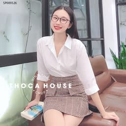Thumbnail Áo sơ mi nữ dài tay trắng, đen dáng suông giấu nút THOCA HOUSE sơ mi công sở vải lụa chéo mềm mịn 2