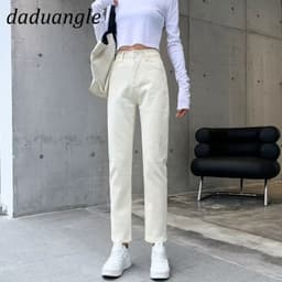 Thumbnail Quần jeans DaDuHey màu vàng mơ eo cao size lớn ống rộng thời trang nữ 2