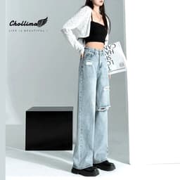 Thumbnail Quần jeans nữ Chollima ống rộng SIMPLE JEAN dài 98cm rách cá tính QD257 ulzzang phong cách hàn quốc 2