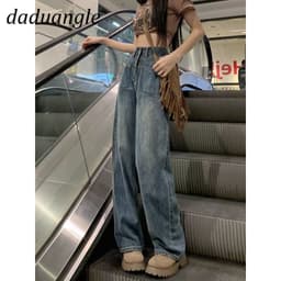 Thumbnail Quần jean DADUHEY lưng cao ống suông rộng có túi đảo ngược giặt sờn phong cách Mỹ mới dành cho nữ 4