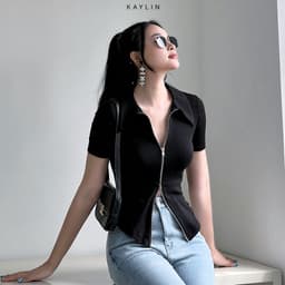 Thumbnail Áo thun KAYLIN Freesize form ôm cổ sơ mi phối dây kéo hai đầu chất vải thun cỏ giản phong cách trẻ trung - N1770 1
