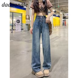 Thumbnail Quần jean DADUHEY lưng cao ống suông rộng có túi đảo ngược giặt sờn phong cách Mỹ mới dành cho nữ 3