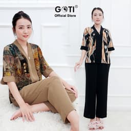Thumbnail Đồ Bộ Trung Niên GOTI Mặc Nhà Nữ Sang Trọng Chất Gấm Cao Cấp Cổ Chui Tay Lững Có Túi Pijama Lụa Cho Mẹ 3359 3360 2
