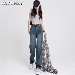 Thumbnail DaDuHey Quần jean lưng cao dáng rộng phong cách retro thời trang Hàn Quốc cá tính cho nữ 2