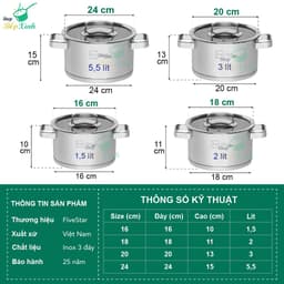 Thumbnail Nồi thân cao 3 đáy inox 304 Fivestar Plus quai vuông nắp kính ( 16cm / 18cm / 20cm / 24cm )- tặng 1 vá canh 1
