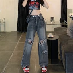 Thumbnail Daduhey Quần jeans dài ống rộng lưng cao khoét lỗ phong cách trẻ trung pha cổ điển thời trang Hàn Quốc 1