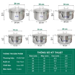 Thumbnail Nồi inox 430 cao cấp Fivestar 3 đáy  sandwich ( 18cm/ 24cm / 26cm / 28cm ) , dùng được mọi bếp 2