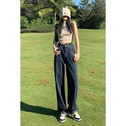 Thumbnail Daduhey Quần jean ống suông rộng lưng cao cạp chéo phong cách trẻ trung thời trang Mỹ cho nữ 3