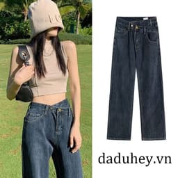 Thumbnail Daduhey Quần jean ống suông rộng lưng cao cạp chéo phong cách trẻ trung thời trang Mỹ cho nữ 1
