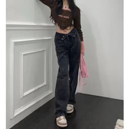 Thumbnail Daduhey Quần jean dài ống rộng lưng cao màu đen phong cách đường phố Hàn Quốc 4