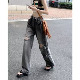 Thumbnail Daduhey Quần jeans dài ống rộng lưng cao khoét lỗ phong cách trẻ trung pha cổ điển thời trang Hàn Quốc 4