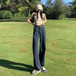 Thumbnail Daduhey Quần jean ống suông rộng lưng cao cạp chéo phong cách trẻ trung thời trang Mỹ cho nữ 4