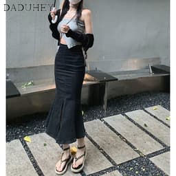 Thumbnail DaDuHey New Korean Version of Ulzzang Ruffled Denim Skirt High Waist Black Slim Slit Bag Hip Mermaid Skirt 2