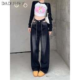 Thumbnail Quần jean DADUHEY dáng dài ống rộng thoải mái vải giặt cạp cao retro kiểu Mỹ mới 2023 4