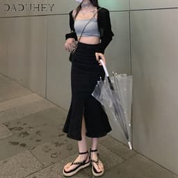 Thumbnail DaDuHey New Korean Version of Ulzzang Ruffled Denim Skirt High Waist Black Slim Slit Bag Hip Mermaid Skirt 3
