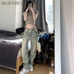 Thumbnail Quần jean nữ DADUHEY cạp cao ống suông ôm dáng vừa vặn màu vàng bùn phong cách Mỹ retro thời trang đường phố mới 2