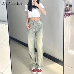Thumbnail Quần jean DADUHEY giặt sờn màu vàng bùn lưng cao ống suông rộng phong cách Mỹ đường phố retro mới cho nữ 3