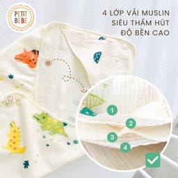 Thumbnail Khăn choàng ủ sơ sinh có mũ PETIT BEBE muslin 4 lớp thoáng khí mềm mại nhiều họa tiết dễ thương 2