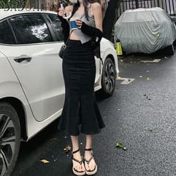 Thumbnail DaDuHey New Korean Version of Ulzzang Ruffled Denim Skirt High Waist Black Slim Slit Bag Hip Mermaid Skirt 4