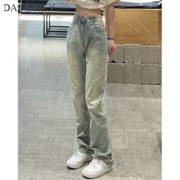 Thumbnail DaDuHey New American Style Ins Washed Retro High Street Yellow Mud Jeans High Waist Slim Straight Pants 4