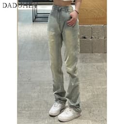 Thumbnail DaDuHey New American Style Ins Washed Retro High Street Yellow Mud Jeans High Waist Slim Straight Pants 3