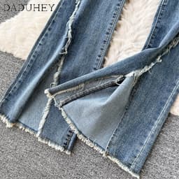 Thumbnail DaDuHey New Korean Version of Ulzzang Strappy Jeans High Waist Slim-fit Trousers Raw Edge Slit Pants 3